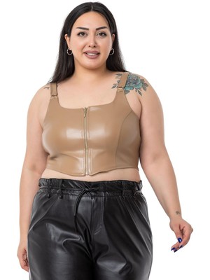 Disentis Modest Büyük Beden Fermuar Detaylı Deri Vizon Büstiyer