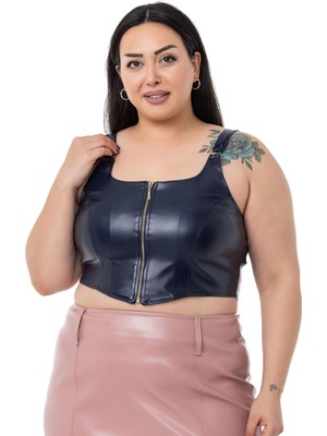 Disentis Modest Büyük Beden Fermuar Detaylı Deri Lacivert Büstiyer