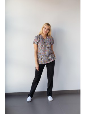 Dr. Mitra Kadın Likralı Yarasa Kol Hemşire Doktor Takım Gri Radyasyon