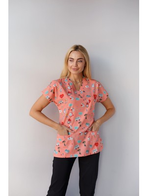 Dr. Mitra Kadın Likralı Yarasa Kol Hemşire Doktor Takım Maske Desenli Somon