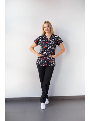 Dr. Mitra Kadın Likralı Yarasa Kol Hemşire Doktor Takım Kalp Desenli