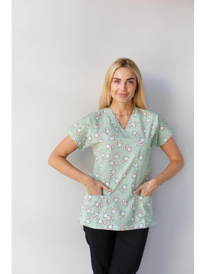 Dr. Mitra Kadın Likralı Yarasa Kol Hemşire Doktor Takım Tavşan Desenli