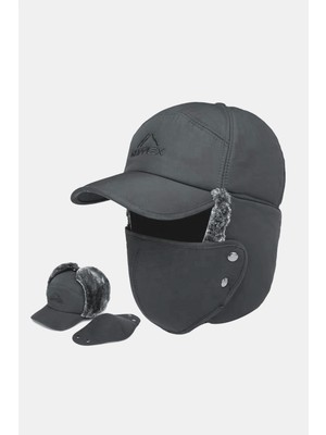 Külah Kürklü Gri Şapka Koruyucu Siperli Tozluk Maskeli Kayak Beresi