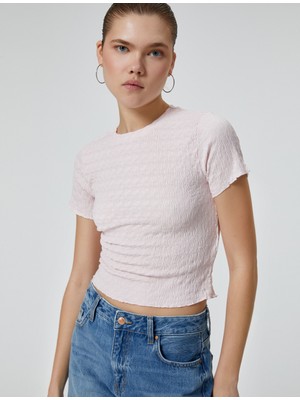 Koton Dokulu Crop Tişört Kısa Kollu Bisiklet Yaka Slim Fit