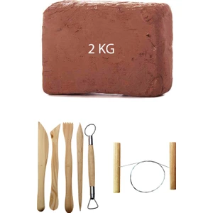 Kahve Çamur Kırmızı Kil Seramik Hamuru 2 kg Ebeşuar Seti Seramik Çamur Kesme Teli