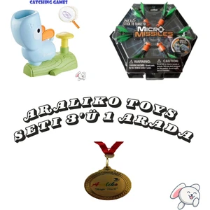 Özel Araliko Toys Seti 3'ü 1 Arada (Catching Games Mavi Köpek Uçan Disk Yakalama Oyunu +Micro Missiles Parmak Sapanı 6'lı Hex6 +Araliko Madalyası)