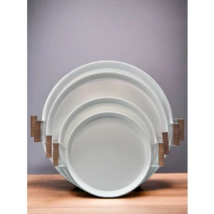 Kitchen Trend Metal 4 Lü (51 37 45 30 Cm) Beyaz Ahşap Kulplu Yuvarlak Tepsi Seti, Kahvaltı Tepsisi 4lüset