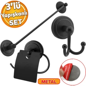 Lavabo Banyo Wc Yapışkanlı Siyah Metal Sağlam Aparat Bez Havlu Çatal Askı Tuvalet Kağıtlık 3'lü Set