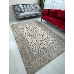 Çini Model Kahverengi Lastikli Kadife Halı Örtüsü