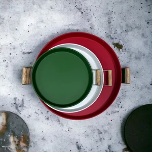 Kitchen Trend 3'lü 45 cm Kırmızı, 37 cm Beyaz, 30 cm Yeşil Ahşap Kulplu Metal Tepsi Çay Tepsisi Sunum Tepsi Seti