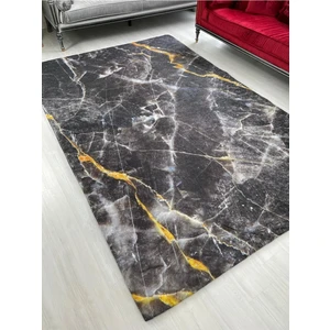 Siyah Mermer Model Ipek Kadife Lastikli Halı Örtüsü