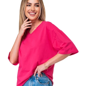 Pamuklu Kadın V Yaka Oversize T-Shirt Fuşya