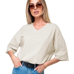 Pamuklu Kadın V Yaka Oversize T-Shirt Bej