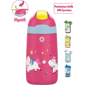 Çocuk 350 ml Pipetli Çelik Matara Paslanmaz Çelik Termos 5 Farklı Renk 2055