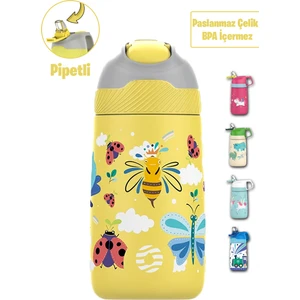 Çocuk 350 ml Pipetli Çelik Matara Paslanmaz Çelik Termos 5 Farklı Renk 2055-350ML