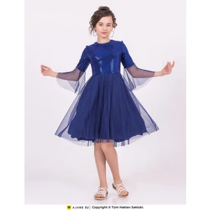 Ramon & Artos Kız Çocuk Mezuniyet Elbisesi Tüllü Kısakol Pul Detaylı Günlük Stil Beyaz