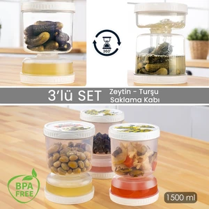 Meleni Home 3'lü Set Süzgeçli Sızdırmaz Zeytinlik Çevir Kullan Turşuluk Saklama Kabı 1,5 Lt Şeffaf