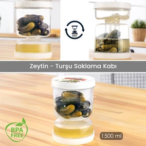 Meleni Home Süzgeçli Sızdırmaz Zeytinlik Çevir Kullan Turşuluk Saklama Kabı 1,5 Lt Şeffaf