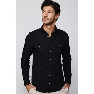 Slim Fit Uzun Kol Çift Cep Pamuk Keten Spor Yaka Siyah Erkek Gömlek