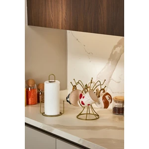 Edora Home 2'li Gold Mutfak Organizer Seti, Misketli Kağıt Havluluk ve 6 Kancalı Bardaklık - Metal Paslanmaz