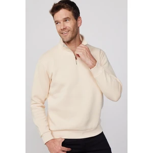 Unisex Relax Fit Rahat Kesim Pamuklu İçi Polarlı Yarım Fermuarlı Ekru Dik Yaka Sweatshirt