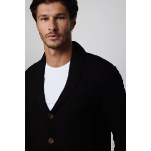 Slim Fit Dar Kesim Desenli Yumuşak Dokulu Düğmeli Siyah Erkek Hırka