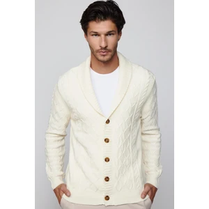 Slim Fit Dar Kesim Desenli Yumuşak Dokulu Düğmeli Ekru Erkek Hırka