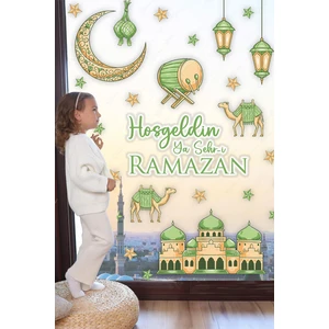 Hoşgeldin Ya Şehr-I Ramazan Yeşil Tonlarda Cami Hilal Develerden Oluşan Cam Duvar Sticker Seti Ramazan Süsleri Seti