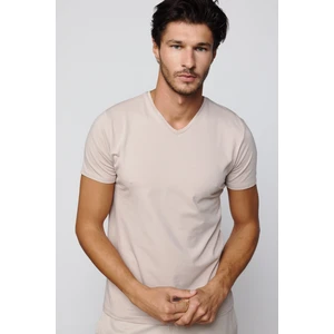 Slim Fit V Yaka Düz Basıc Kısa Kol Taş Rengi T-Shirt