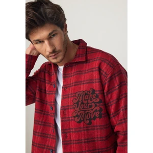 Relax Fit Kışlık Kareli Baskılı Fleto Cep Salaş Oduncu Kırmızı-Siyah Erkek Gömlek