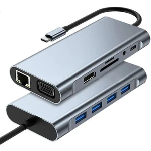 11 In 1 Type-C To USB Hub Port Uyumlu Adaptör Hdmı 4x USB Lan VGA Sd Card Çevirici Çoklayıcı