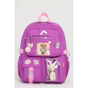 Kawaii Kore Tarzı Okul Çantası Aksesuarlı Kız Çocuk ve Erkek Çocuk Sırt Çantası Mor