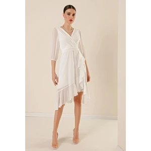 Kruvaze Yaka Eteği Volanlı Beli Kuşaklı Astarlı Balon Kol Geniş Beden Aralıklı Şifon Elbise