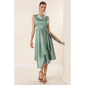 Saygı Giyim Kruvaze Yaka Bağcıklı Saten Elbise