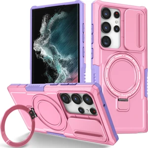 Samsung Galaxy S22 Ultra 5g Için Magsafe ile Uyumlu, Manyetik Halkalı Stand Ağır Hizmet Telefon Kılıfı - Pembe (Yurt Dışından)