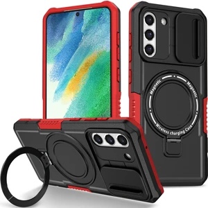 Samsung Galaxy S21 Fe 5g Için Magsafe ile Uyumlu, Manyetik Halkalı Stand Ağır Hizmet Telefon Kılıfı - Siyah - Kırmızı (Yurt Dışından)
