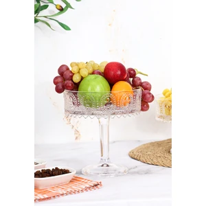 El Yapımı Şeffaf Cam Yuvarlak Ayaklı Sunum Kasesı Sunumluk Meyvelik Salata Kasesi 19X20,50 cm