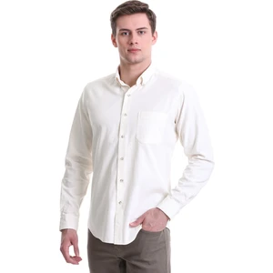 Bej Slim Fit Düz 100% Pamuklu Düğmeli Yaka Uzun Kollu Klasik Gömlek