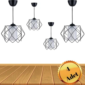 MHK Collection 4 Adet Siyah Tasarım Beyaz Mika Camlı Salon Mutfak Banyo Yatak Odası Çocuk Odası Avize