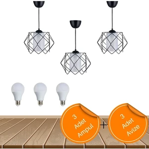 MHK Collection Siyah Tasarım Beyaz Mika Çokkare Salon Mutfak Yatak Odası Çocuk Odası 3 Adet Avize 3 Adet LED Ampul