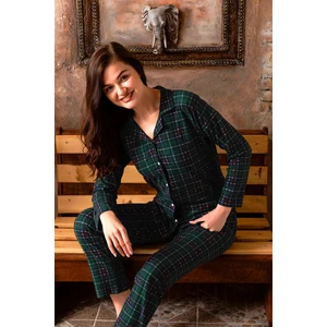 Kışlık Düğmeli Ekose Desen Yılbaşı Temalı  Kadın Süet Pijama Takımı