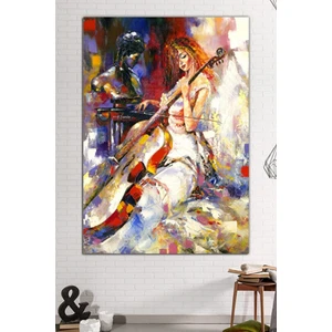 Nazenin Design Çello Viyolonsel Çalan Kadın Yağlı Boya Efektli Kanvas Tablo (100X70 cm Ölçü) Dev Boyut