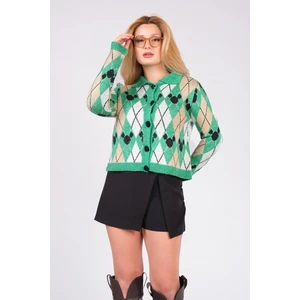 Giyim Dünyası Kadın Polo Yaka Baklava Desen Triko Hırka Yeşil
