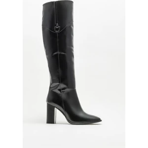 Siyah Deri Kadın Topuklu Çizme