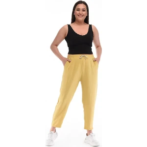 Kadın Büyük Beden Sentetik Keten Yüksek Bel Lastikli Dar Paça Mom Pantolon C611