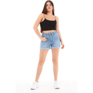 Kadın Kiev Mavi Yüksek Bel Duble Paça Kot Şort Klasik Mini Jean Şort C604