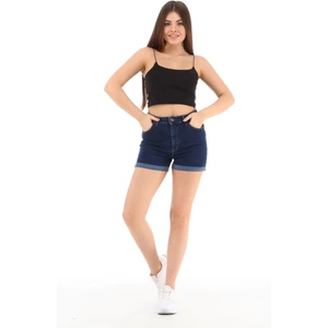 Kadın Istanbul Lacivert Yüksek Bel Duble Paça Kot Şort Klasik Mini Jean Şort C604
