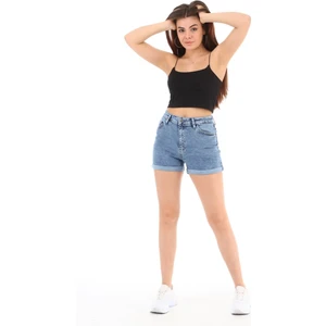 Kadın Prag Mavi Yüksek Bel Duble Paça Kot Şort Klasik Mini Jean Şort C604
