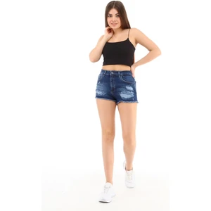 CEDY DENIM Kadın Yüksek Bel Yıpratmalı Paçası Püsküllü Kot Şort Mini Jean Paris Lacivert C603