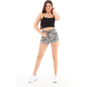 CEDY DENIM Kadın Yüksek Bel Yıpratmalı Paçası Püsküllü Kot Şort Mini Jean Rio Gri C603